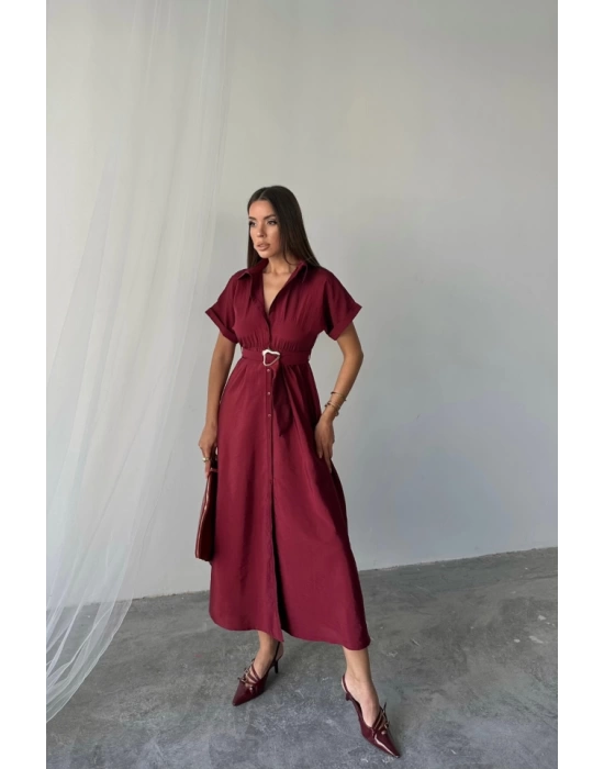 ÖNDEN DÜĞMELİ CRUSHLI MODAL ELBİSE - Bordo