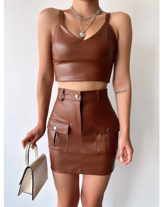 Önden iki cepli deri etek kahve h240040