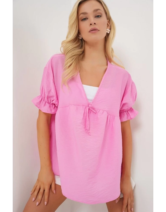 Önü Bağcıklı Kısa Kol Bluz 962 - Pembe