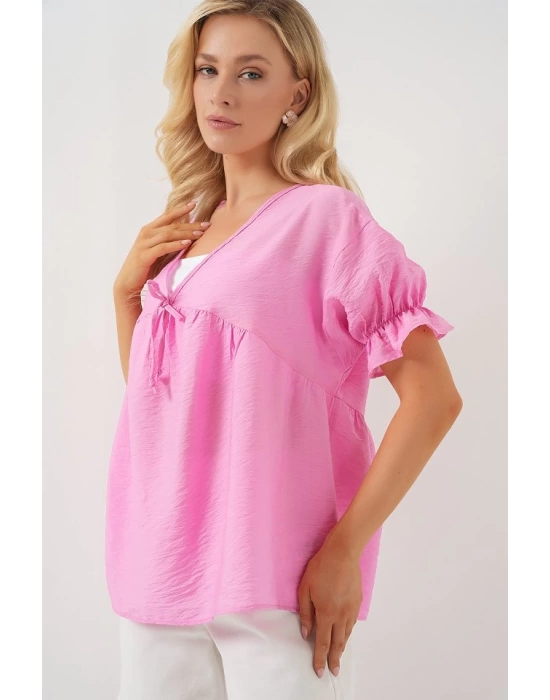 Önü Bağcıklı Kısa Kol Bluz 962 - Pembe