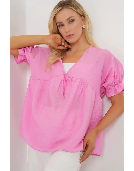 Önü Bağcıklı Kısa Kol Bluz 962 - Pembe