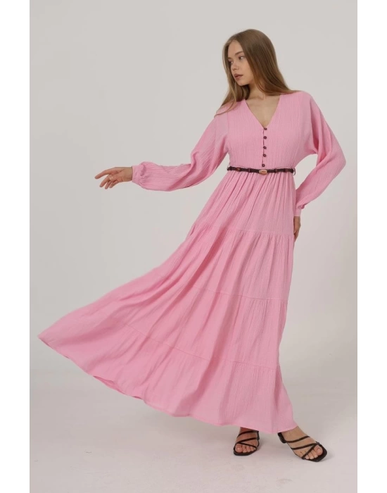 Önü Yarım Düğmeli Uzun Kol Kemerli Elbise - Pembe