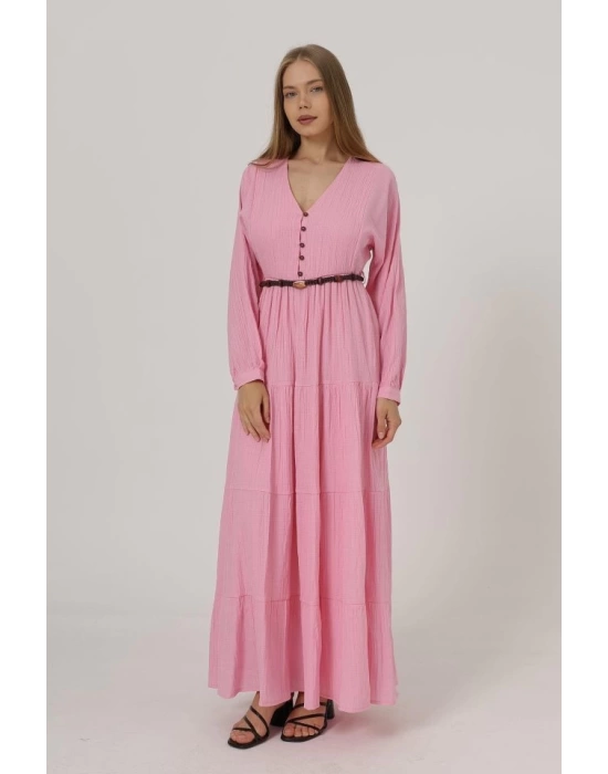 Önü Yarım Düğmeli Uzun Kol Kemerli Elbise - Pembe