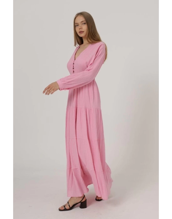Önü Yarım Düğmeli Uzun Kol Kemerli Elbise - Pembe