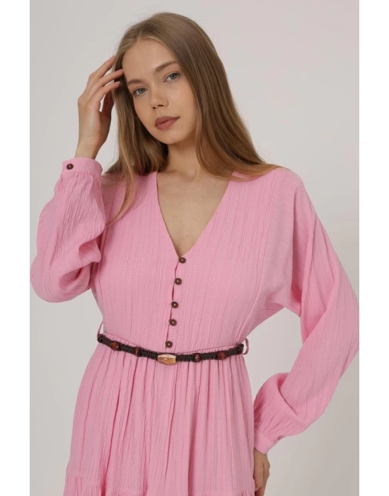 Önü Yarım Düğmeli Uzun Kol Kemerli Elbise - Pembe