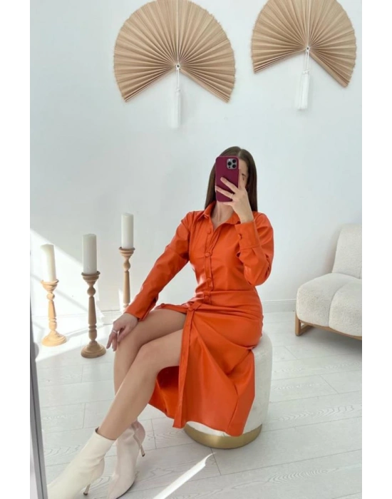 Oranj Boydan Düğmeli Deri Elbise