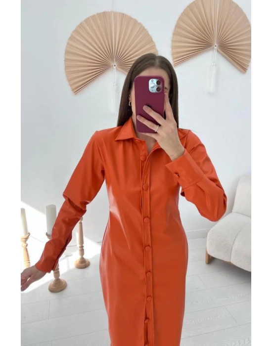 Oranj Boydan Düğmeli Deri Elbise