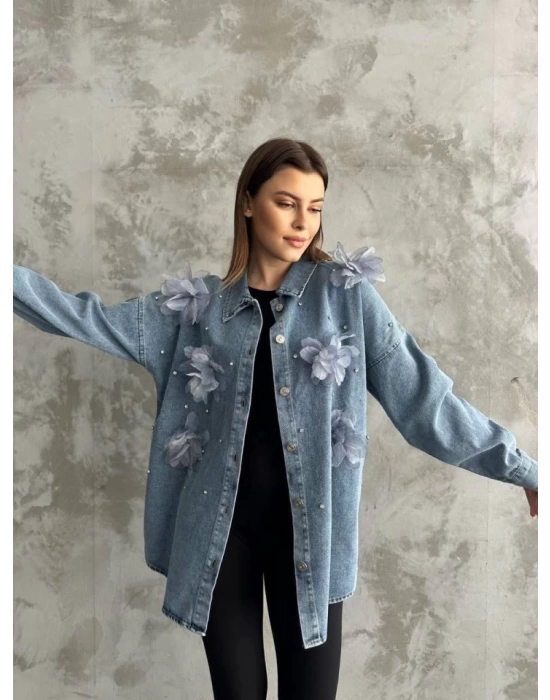 Organze Çiçek Tasarımlı Kot Gömlek