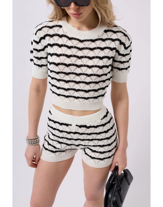 Örgü Detay Çizgili Crop Bluz