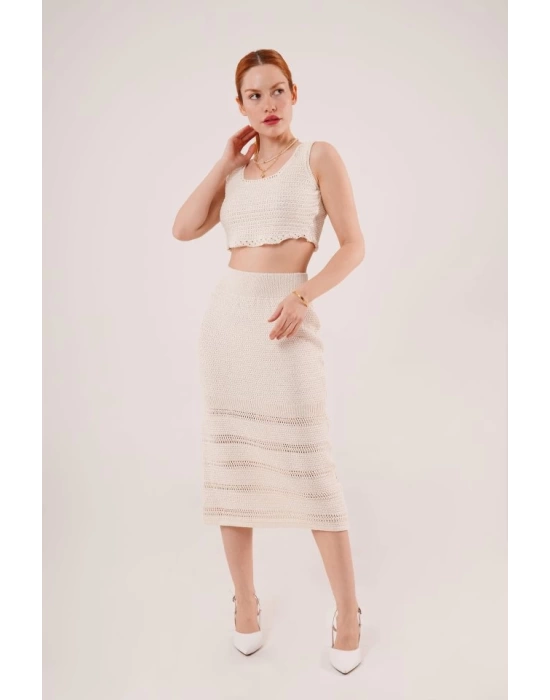 Örme Detaylı Etek Ve Bluz Krem Takım