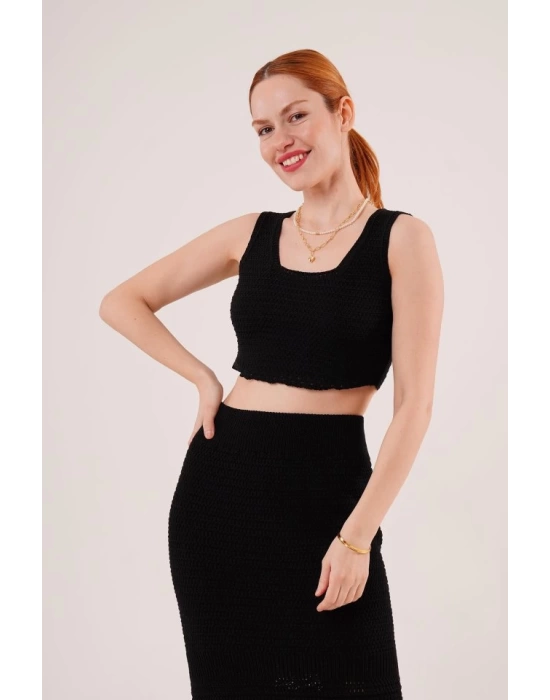 Örme Detaylı Etek Ve Bluz Siyah Takım
