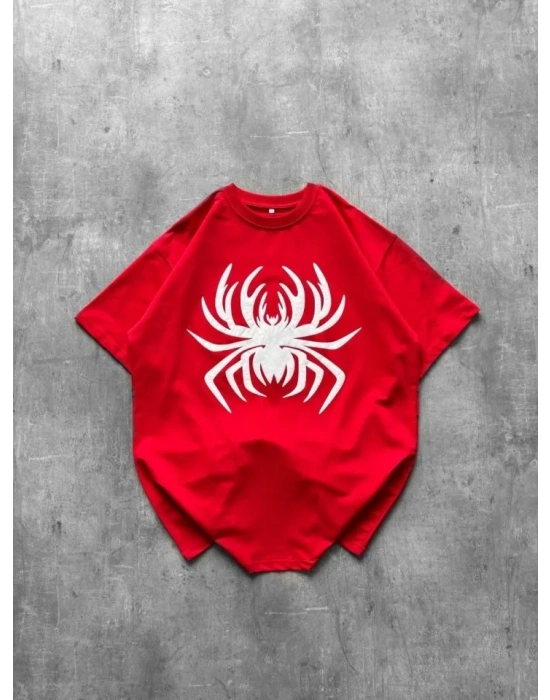 Örümcek Baskılı Tişört Kısa Kollu Bisiklet Yaka T-Shirt - Kırmızı