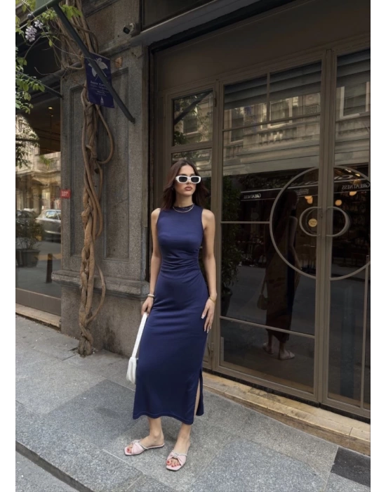 Osy Modal Yumuşak Dokulu Kumaş Bisiklet Yaka Sıfır Kolsuz Yırtmaçlı Uzun Elbise - Mavi