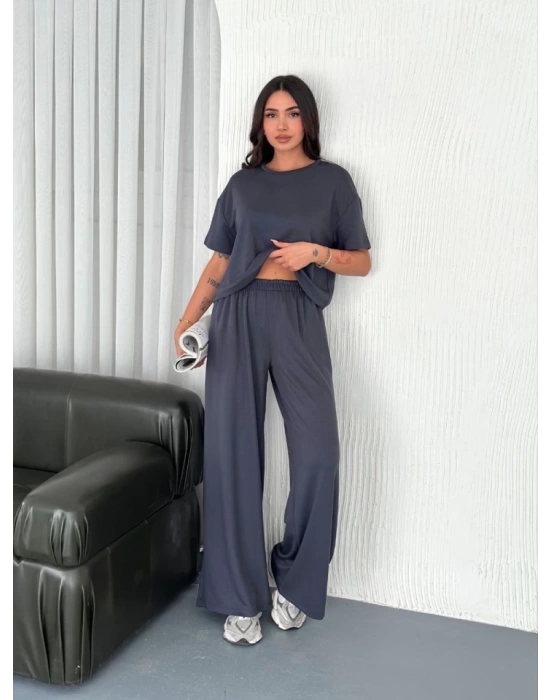 Osy Modal Yumuşak Dokulu Kumaş Bisiklet Yaka T-shirt Bol Paça Pantalon Ikili Takım -Antrasit