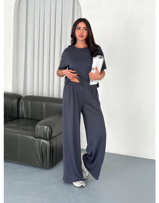 Osy Modal Yumuşak Dokulu Kumaş Bisiklet Yaka T-shirt Bol Paça Pantalon Ikili Takım -Antrasit