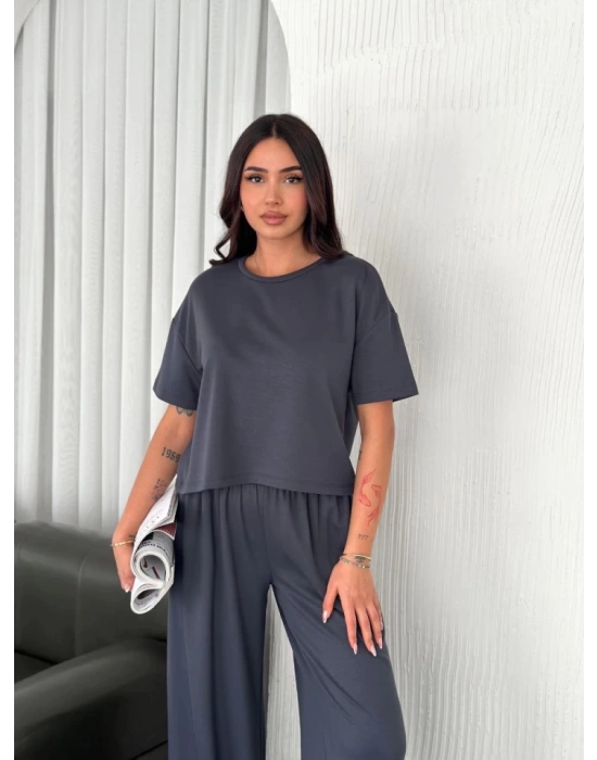 Osy Modal Yumuşak Dokulu Kumaş Bisiklet Yaka T-shirt Bol Paça Pantalon Ikili Takım -Antrasit