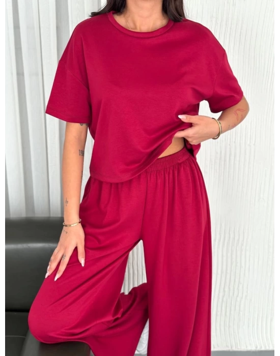 Osy Modal Yumuşak Dokulu Kumaş Bisiklet Yaka T-shirt Bol Paça Pantalon Ikili Takım -Bordo