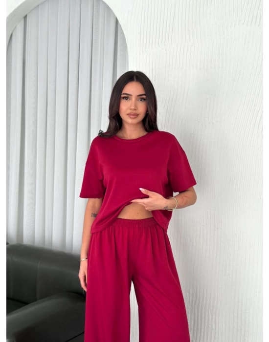 Osy Modal Yumuşak Dokulu Kumaş Bisiklet Yaka T-shirt Bol Paça Pantalon Ikili Takım -Bordo