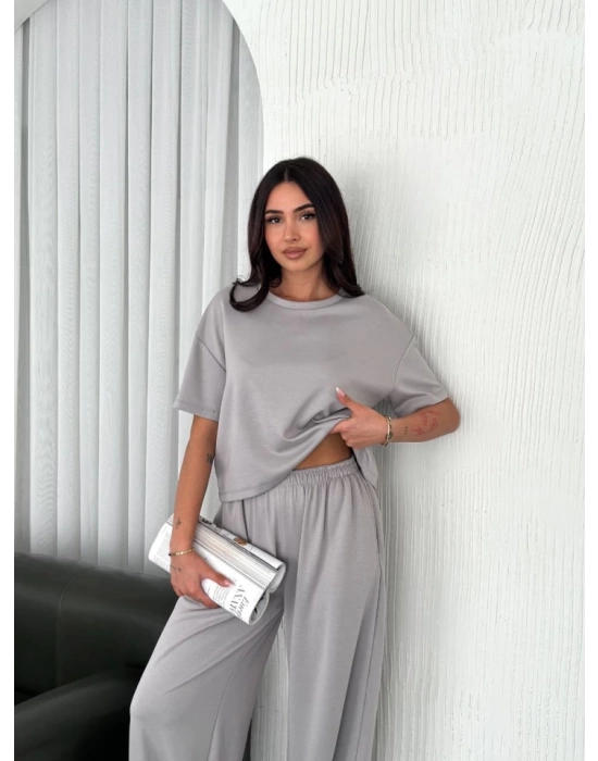 Osy Modal Yumuşak Dokulu Kumaş Bisiklet Yaka T-shirt  Bol Paça Pantalon Ikili Takım - Boyalı Gri