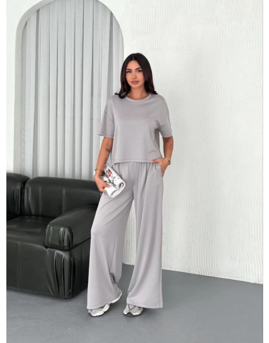 Osy Modal Yumuşak Dokulu Kumaş Bisiklet Yaka T-shirt  Bol Paça Pantalon Ikili Takım - Boyalı Gri