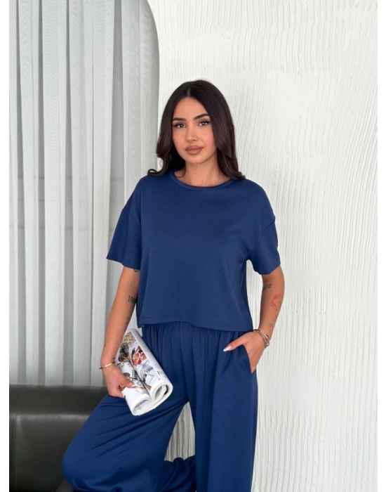 Osy Modal Yumuşak Dokulu Kumaş Bisiklet Yaka T-shirt Bol Paça Pantalon Ikili Takım -Saks Mavi