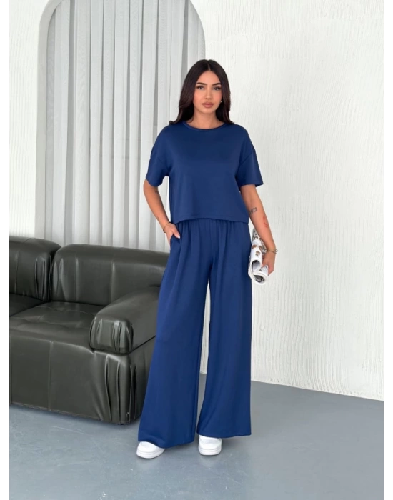 Osy Modal Yumuşak Dokulu Kumaş Bisiklet Yaka T-shirt Bol Paça Pantalon Ikili Takım -Saks Mavi