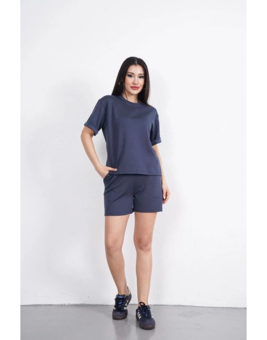 Osy Modal Yumuşak Dokulu Kumaş Bisiklet Yaka T-shirt Kısa Şort İkili Takım - Antrasit