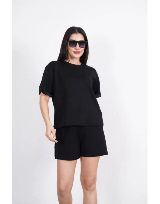 Osy Modal Yumuşak Dokulu Kumaş Bisiklet Yaka T-shirt Kısa Şort İkili Takım - Siyah