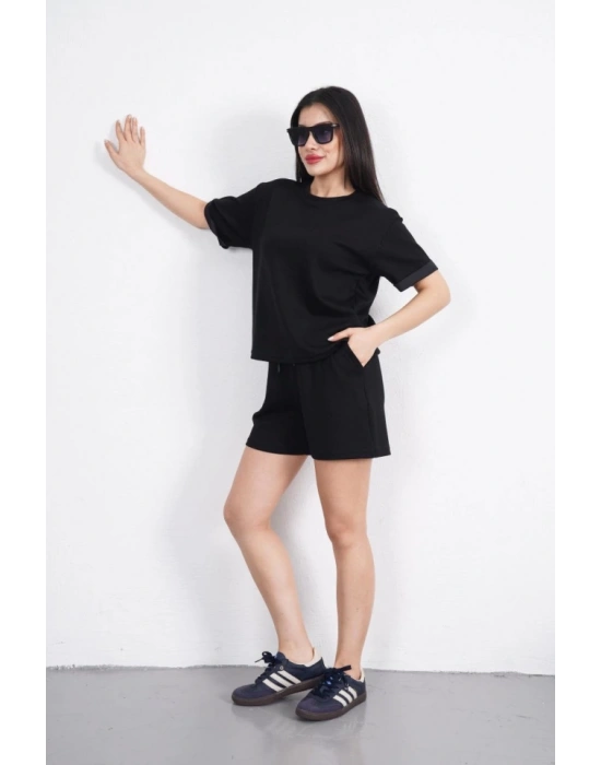 Osy Modal Yumuşak Dokulu Kumaş Bisiklet Yaka T-shirt Kısa Şort İkili Takım - Siyah