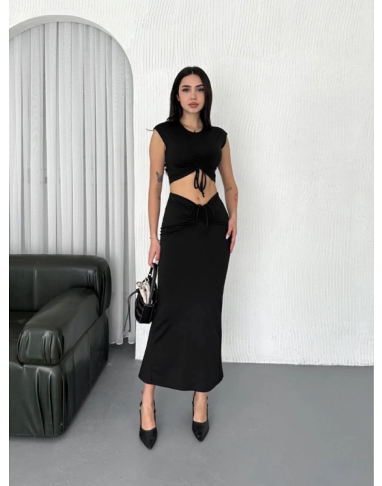 Osy Modal Yumuşak Dokulu Kumaş  Büzgülü Crop Etek Takım - Siyah