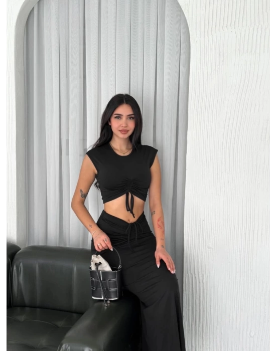 Osy Modal Yumuşak Dokulu Kumaş  Büzgülü Crop Etek Takım - Siyah