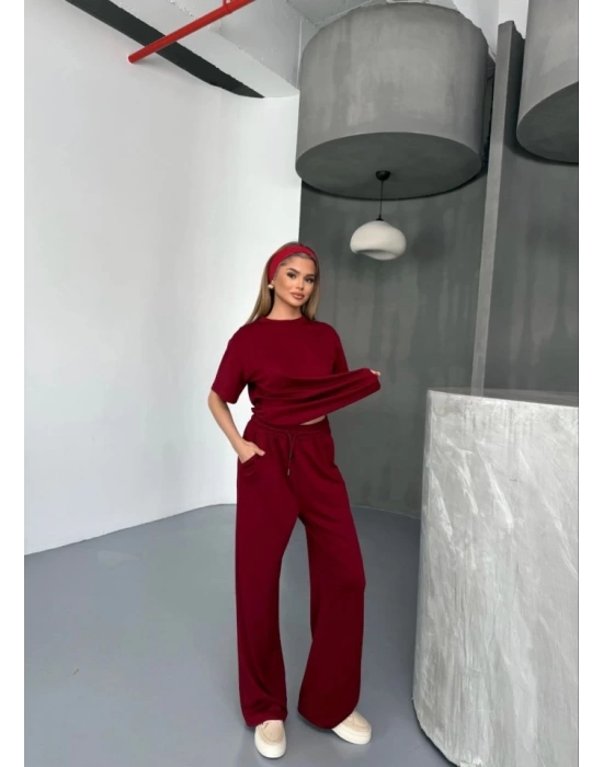 Osy Modal Yumuşak Dokulu Kumaş   Kısa Kollu Bluz Rahat Pantalon Ikili Takım- Bordo