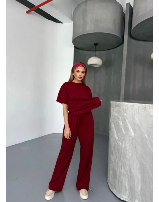 Osy Modal Yumuşak Dokulu Kumaş   Kısa Kollu Bluz Rahat Pantalon Ikili Takım- Bordo