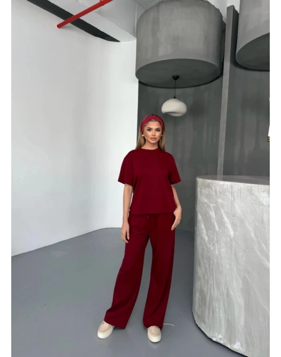 Osy Modal Yumuşak Dokulu Kumaş   Kısa Kollu Bluz Rahat Pantalon Ikili Takım- Bordo