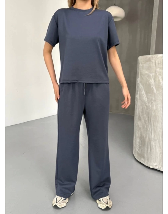 Osy Modal Yumuşak Dokulu Kumaş Kısa Kollu Bluz Rahat Pantalon Ikili Takım- Füme