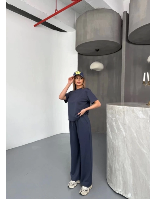 Osy Modal Yumuşak Dokulu Kumaş Kısa Kollu Bluz Rahat Pantalon Ikili Takım- Füme