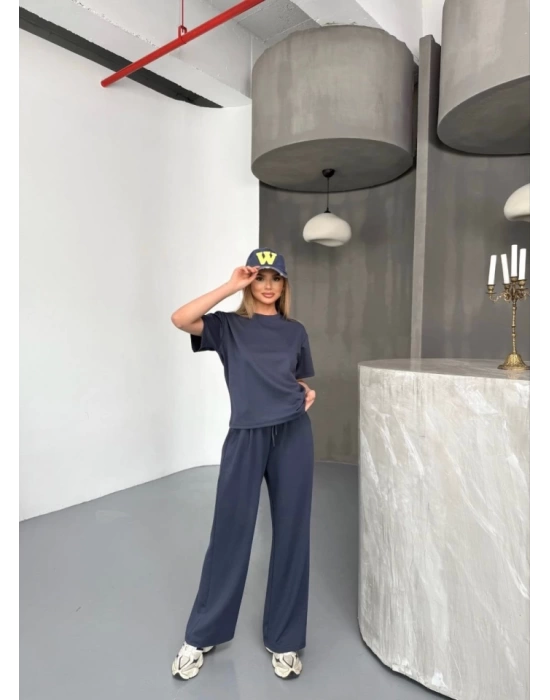 Osy Modal Yumuşak Dokulu Kumaş Kısa Kollu Bluz Rahat Pantalon Ikili Takım- Füme