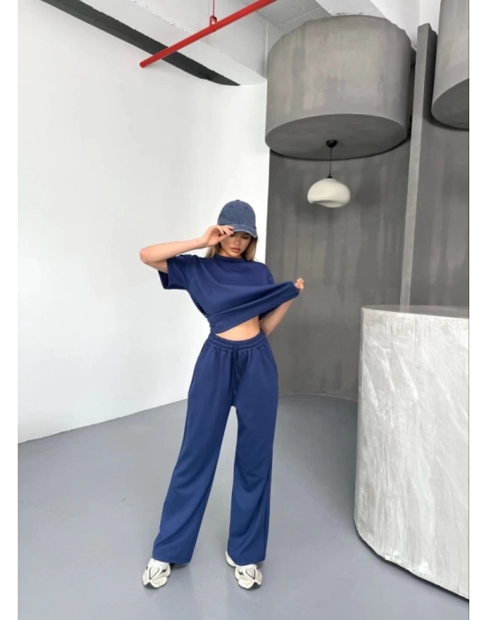 Osy Modal Yumuşak Dokulu Kumaş Kısa Kollu Bluz Rahat Pantalon Ikili Takım- Lacivert