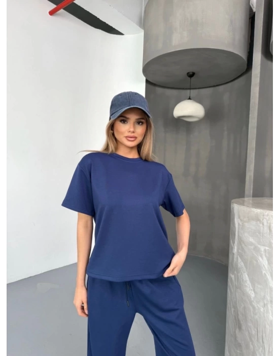 Osy Modal Yumuşak Dokulu Kumaş Kısa Kollu Bluz Rahat Pantalon Ikili Takım- Lacivert