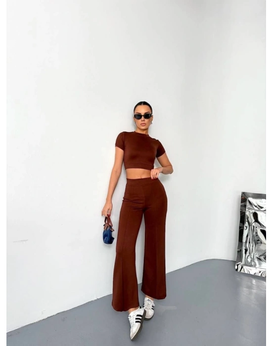 Osy Modal Yumuşak Dokulu Kumaş Kısa Kollu Crop Alt Ispanyol Paça Pantalon Ikili Takım - Kahverengi