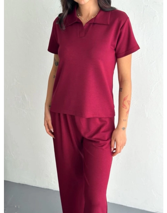 Osy Modal Yumuşak Dokulu Kumaş Kısa Kollu Yakalı T-shirt Pantalon Ikili Takım- Bordo