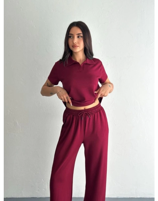 Osy Modal Yumuşak Dokulu Kumaş Kısa Kollu Yakalı T-shirt Pantalon Ikili Takım- Bordo