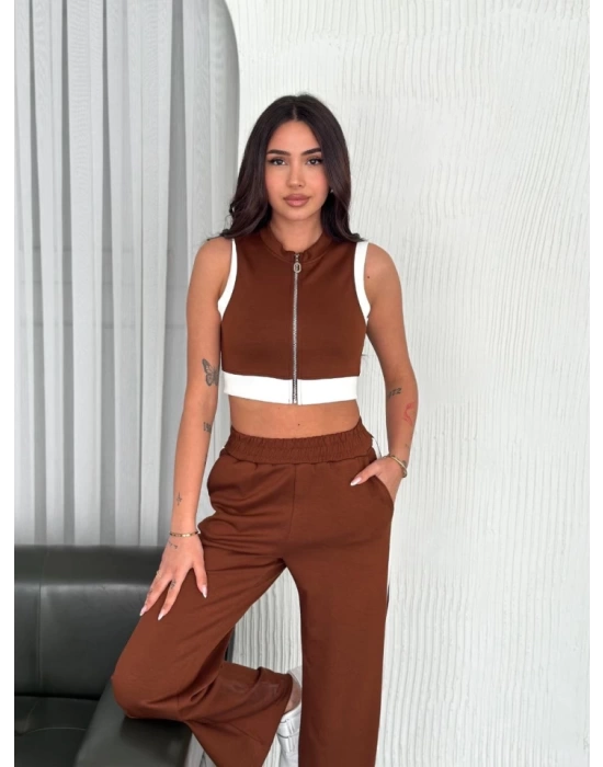Osy Modal Yumuşak Dokulu Kumaş Tam Fermuarlı Crop Pantalon İkili Takım - Kahverengi
