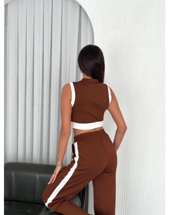 Osy Modal Yumuşak Dokulu Kumaş Tam Fermuarlı Crop Pantalon İkili Takım - Kahverengi