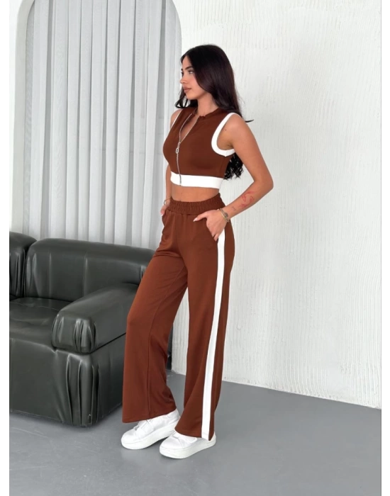 Osy Modal Yumuşak Dokulu Kumaş Tam Fermuarlı Crop Pantalon İkili Takım - Kahverengi