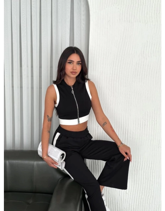 Osy Modal Yumuşak Dokulu Kumaş Tam Fermuarlı Crop Pantalon İkili Takım - Siyah