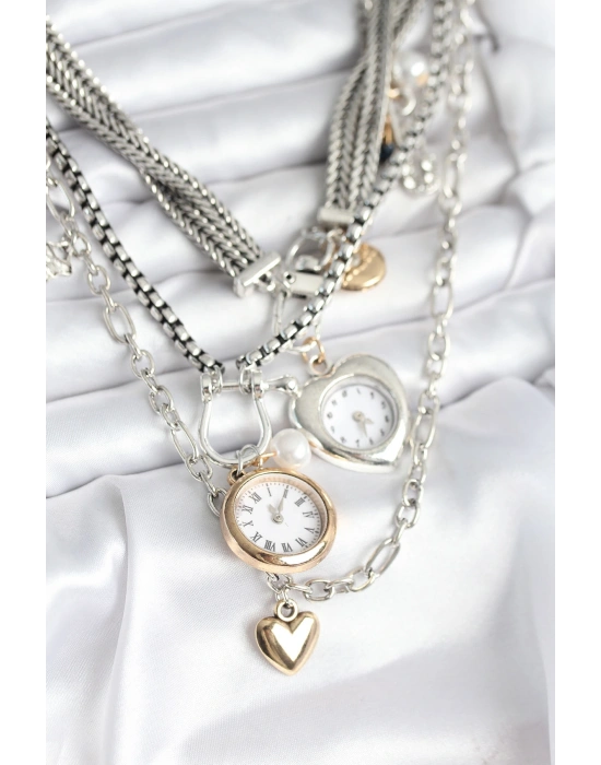 Otantik Gümüş Renk Kadın Kolye Kombini