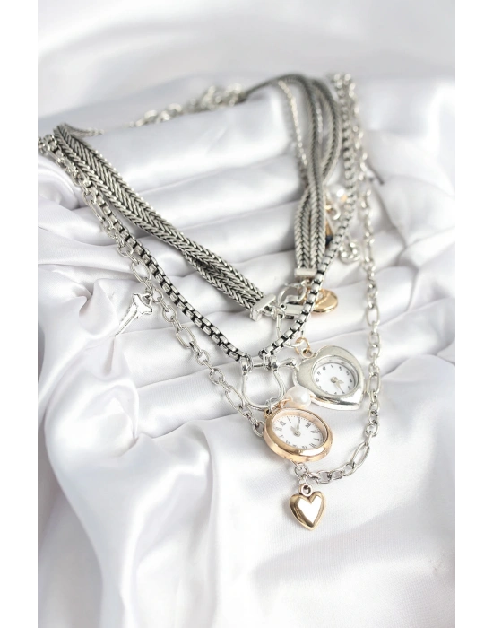 Otantik Gümüş Renk Kadın Kolye Kombini