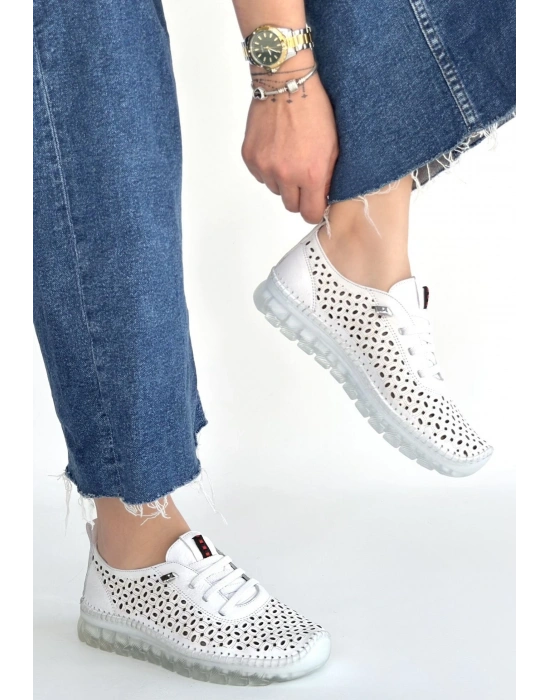 Otja Beyaz Deri Lazerli Bağcıklı Spor Ayakkabı