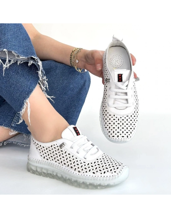 Otja Beyaz Deri Lazerli Bağcıklı Spor Ayakkabı